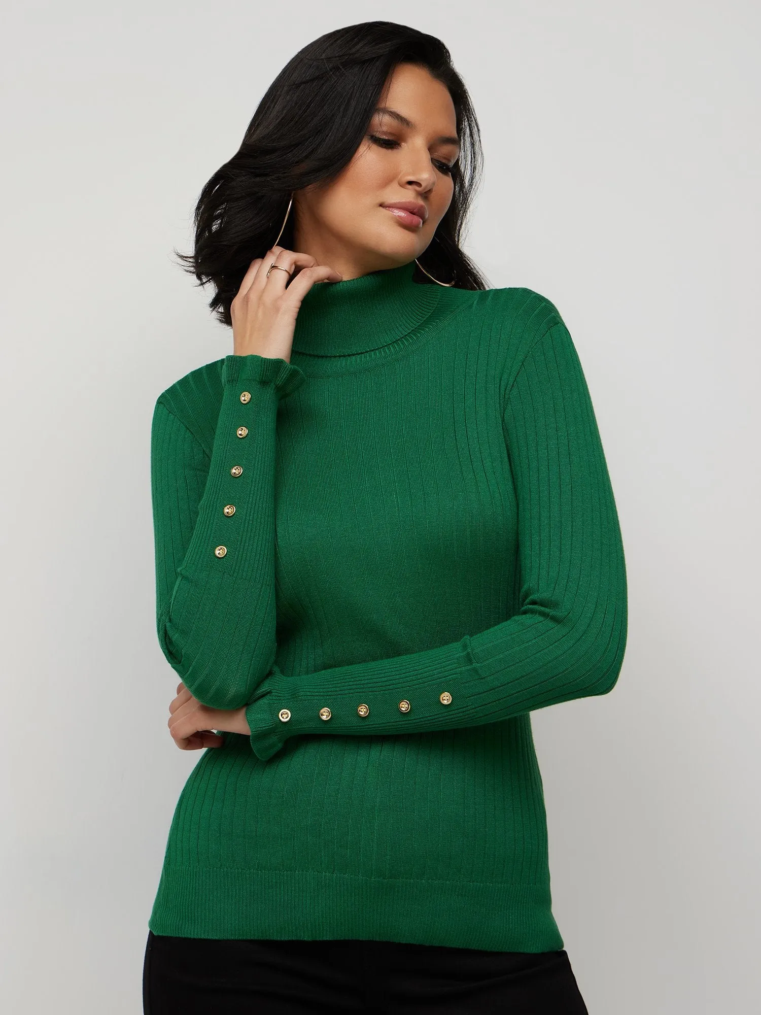 Ribbed Button-Sleeve Turtleneck Sweater