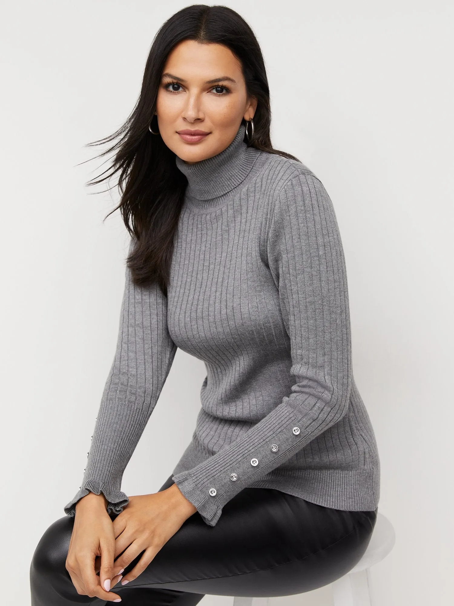 Ribbed Button-Sleeve Turtleneck Sweater