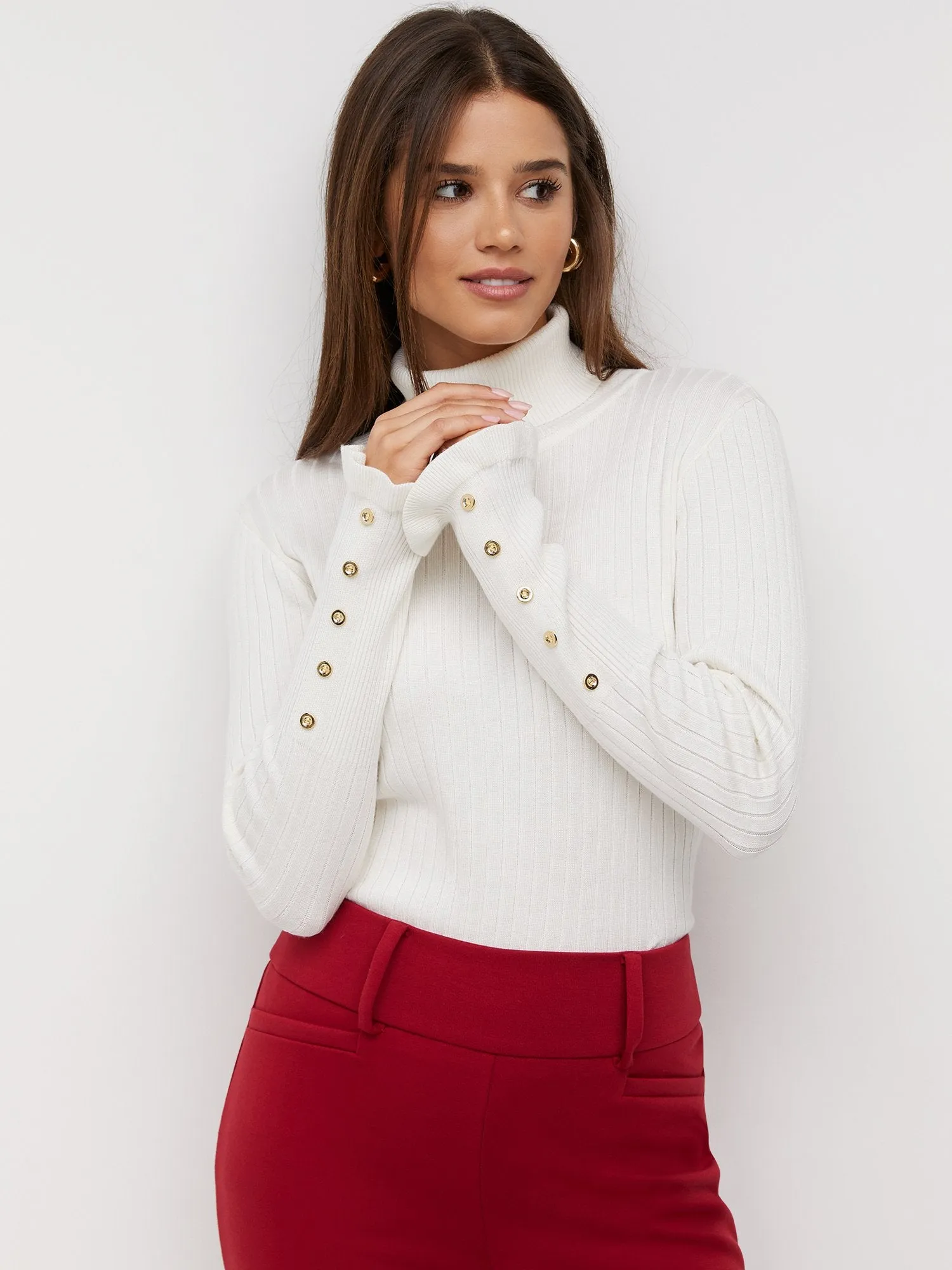 Ribbed Button-Sleeve Turtleneck Sweater