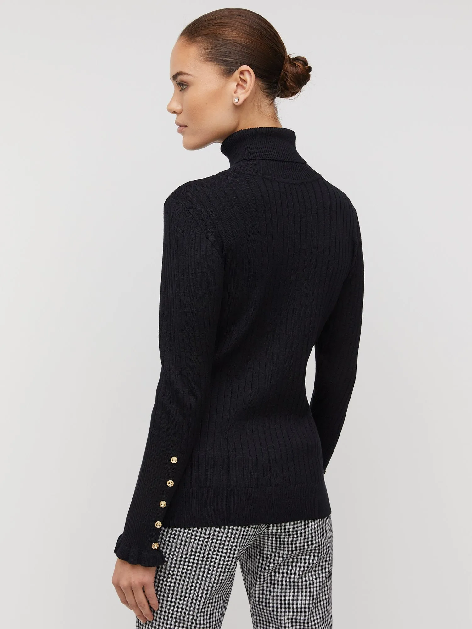 Ribbed Button-Sleeve Turtleneck Sweater