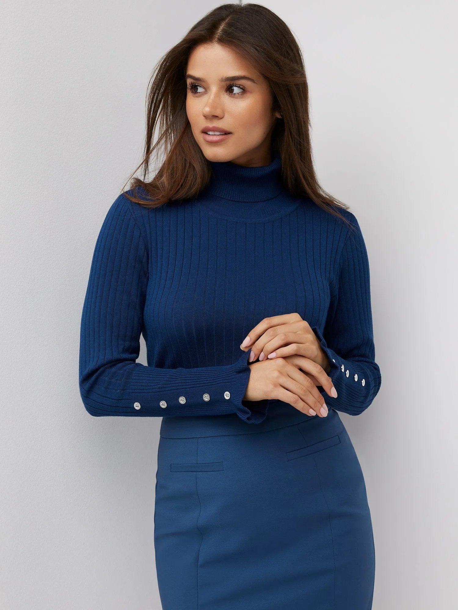 Ribbed Button-Sleeve Turtleneck Sweater