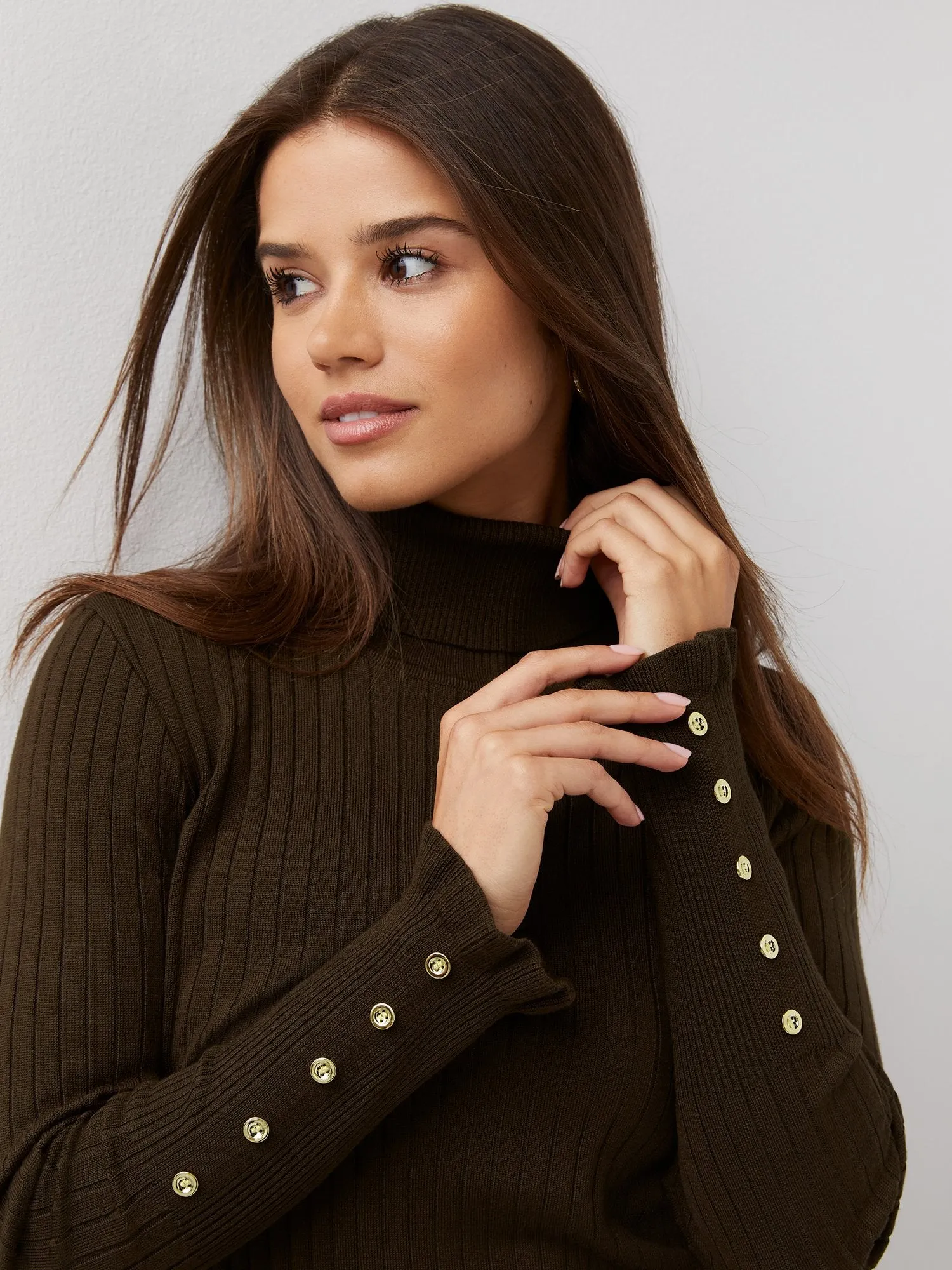 Ribbed Button-Sleeve Turtleneck Sweater