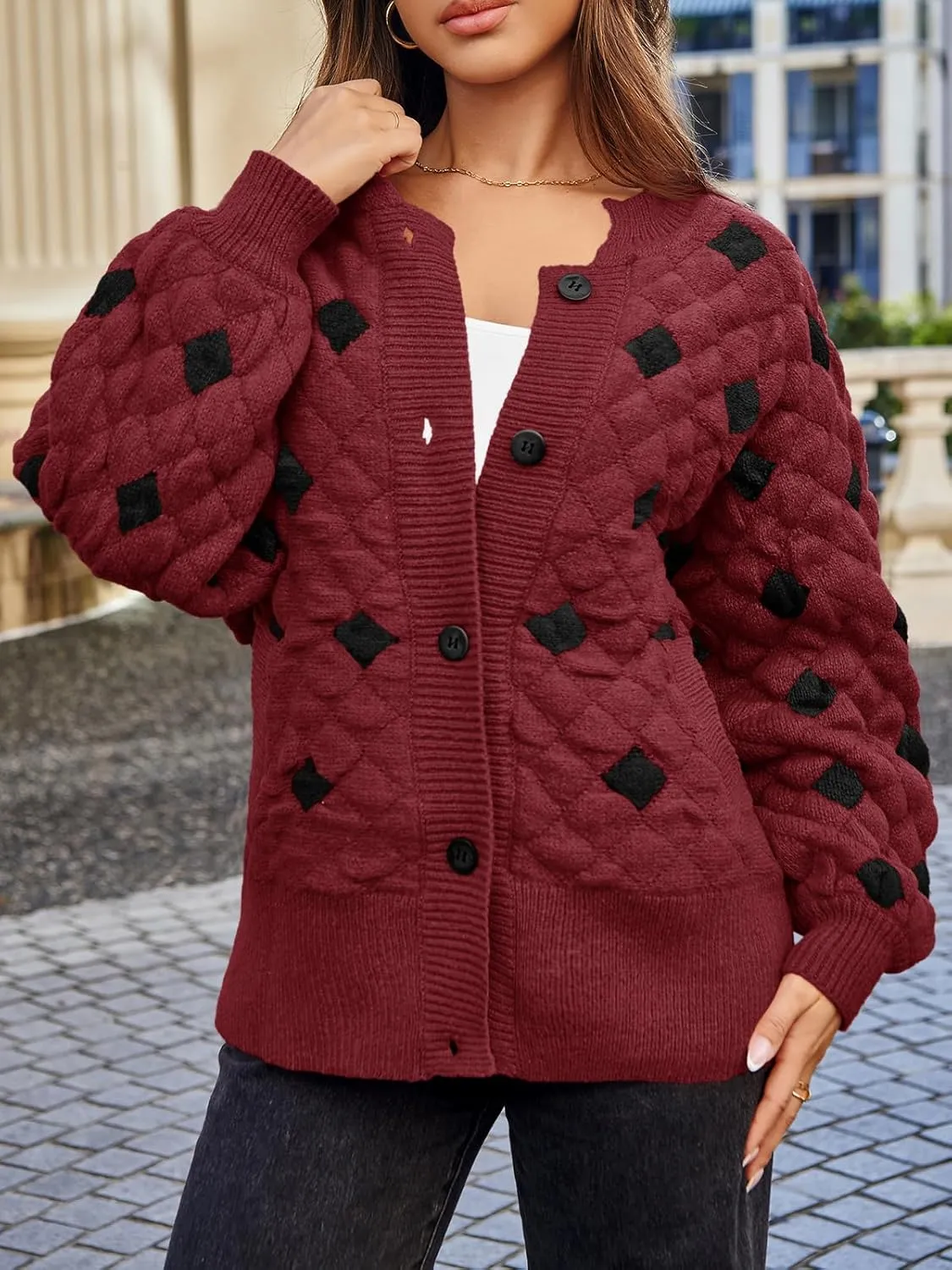 Saodimallsu Womens Chunky Cardigans Button Down Long Sleeve Open Front Plaid Knit Loose Fall Sweater Coats