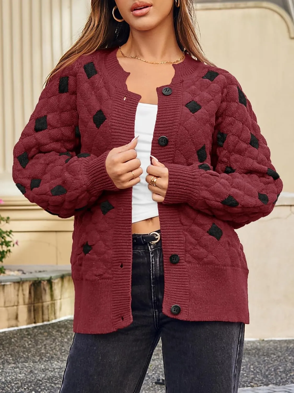 Saodimallsu Womens Chunky Cardigans Button Down Long Sleeve Open Front Plaid Knit Loose Fall Sweater Coats