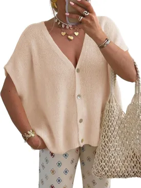 Saodimallsu Womens Summer Oversized Cardigans Batwing Short Sleeve Lightweight Button V Neck Casual Knit Sweater Tops