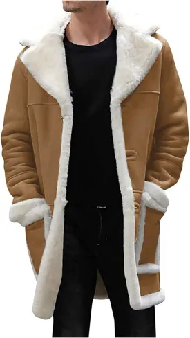 Sherpa Lined Jacket Men Lapel Button Down Winter Coat Cool Outdoor Thick Windbreaker Jacket