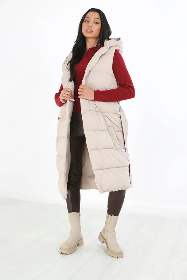 STONE MAXI BELTED FIXED HOOD PADDED PUFFER GILET
