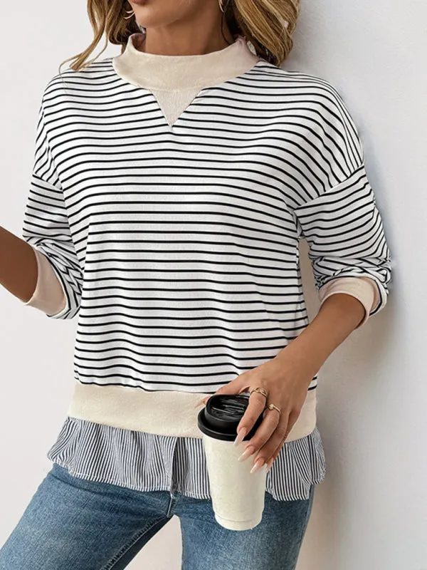 Striped Mock Neck Pullover with Faux-Layered Hem