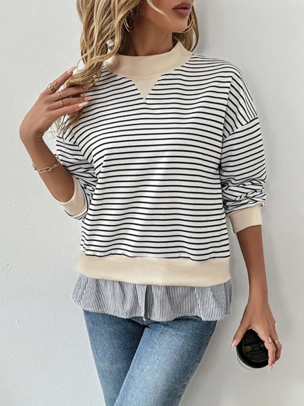 Striped Mock Neck Pullover with Faux-Layered Hem