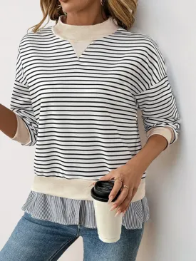Striped Mock Neck Pullover with Faux-Layered Hem
