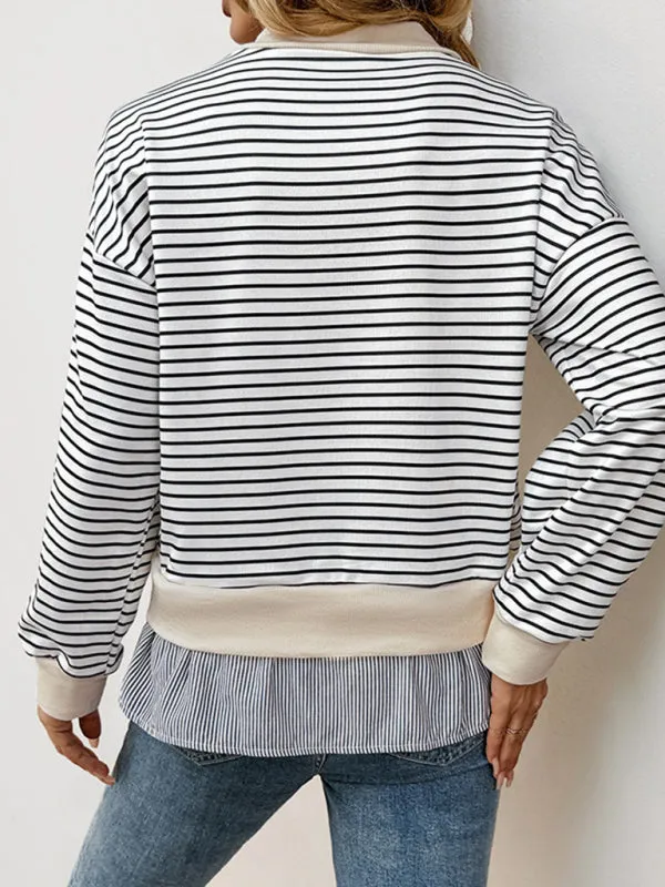 Striped Mock Neck Pullover with Faux-Layered Hem