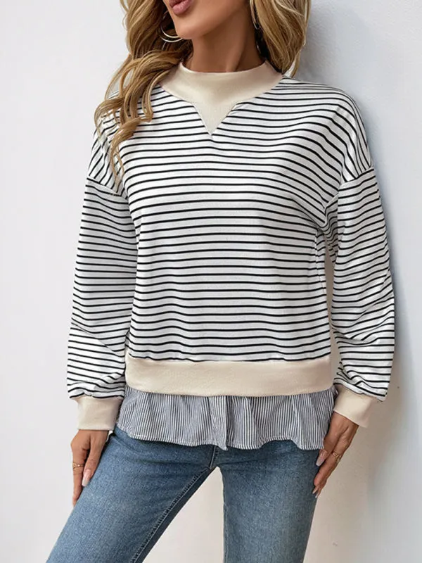 Striped Mock Neck Pullover with Faux-Layered Hem