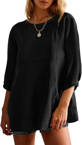 Tankaneo Womens 3/4 Sleeve Tunic Tops Casual Summer Peplum Flowy Oversized Babydoll Blouse Shirts