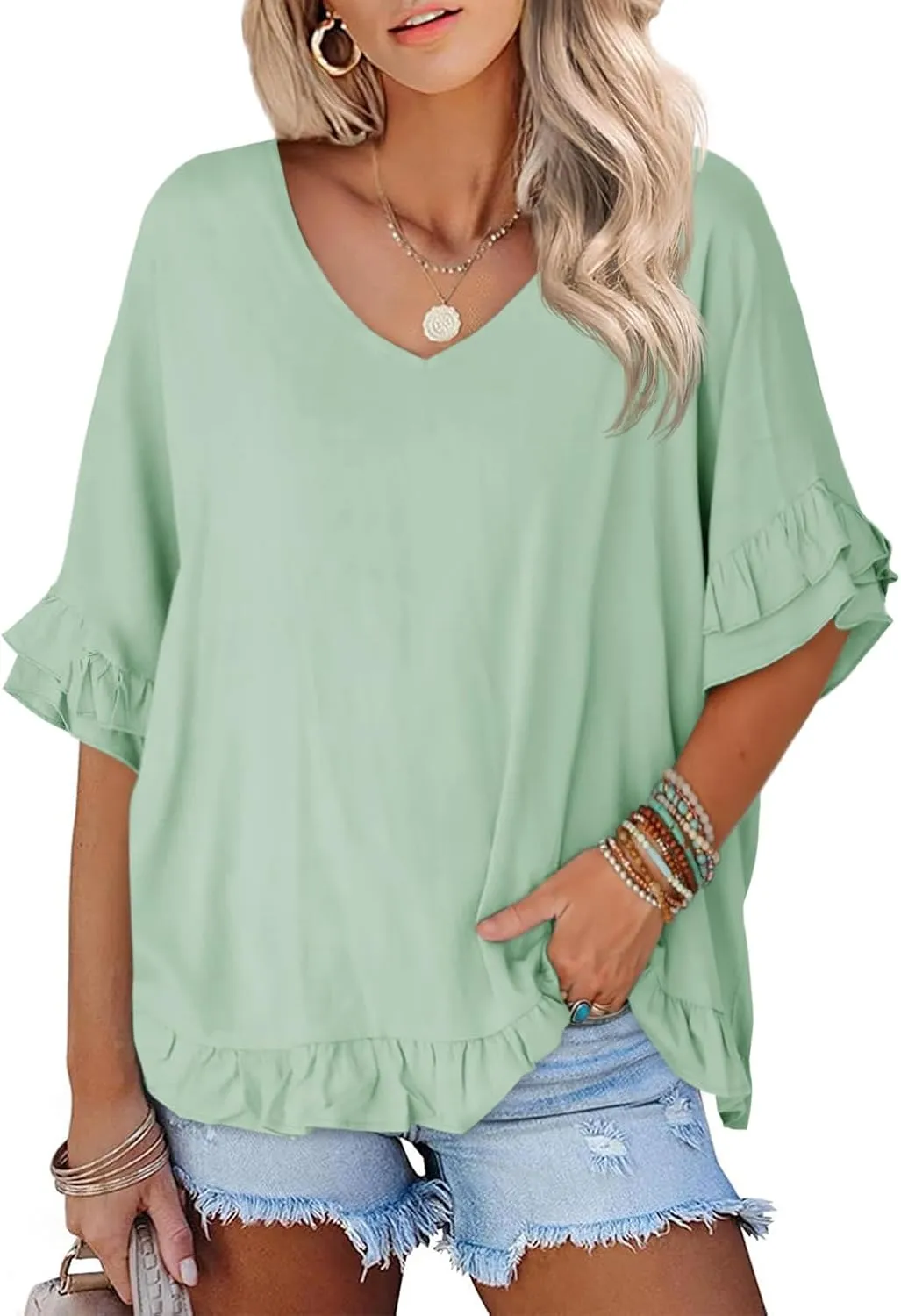 Tankaneo Womens Oversized Ruffle Short Sleeve Tshirts Summer Casual V Neck Peplum Tops Flowy Loose Fit Blouse
