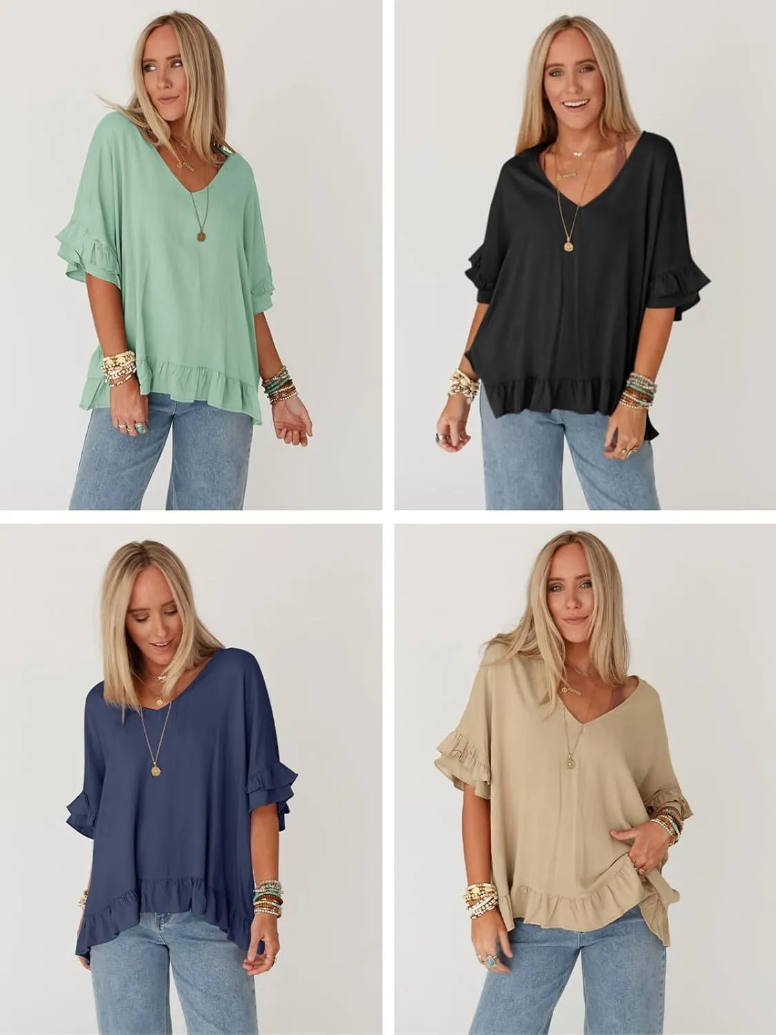 Tankaneo Womens Oversized Ruffle Short Sleeve Tshirts Summer Casual V Neck Peplum Tops Flowy Loose Fit Blouse