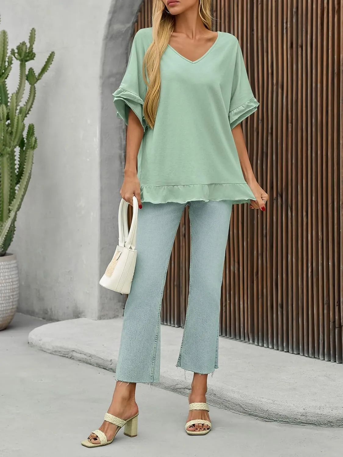 Tankaneo Womens Oversized Ruffle Short Sleeve Tshirts Summer Casual V Neck Peplum Tops Flowy Loose Fit Blouse