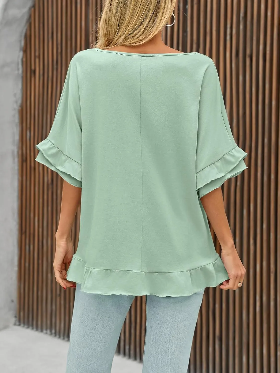 Tankaneo Womens Oversized Ruffle Short Sleeve Tshirts Summer Casual V Neck Peplum Tops Flowy Loose Fit Blouse