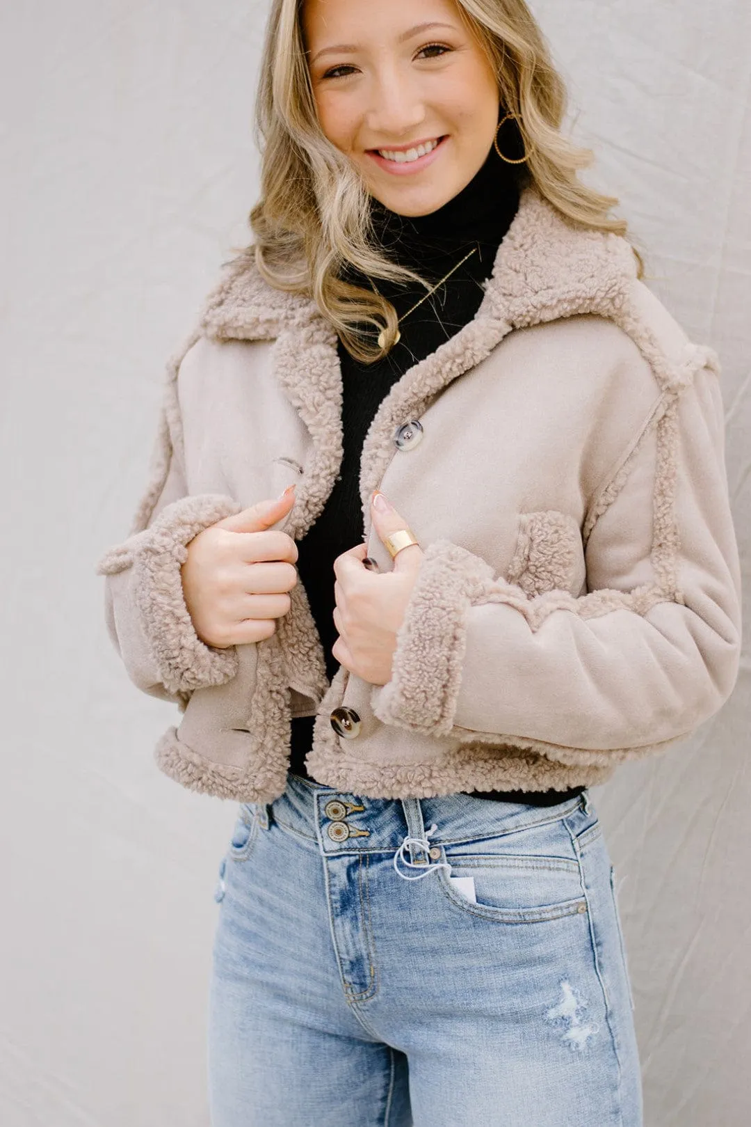 Taupe Shearling Button Jacket