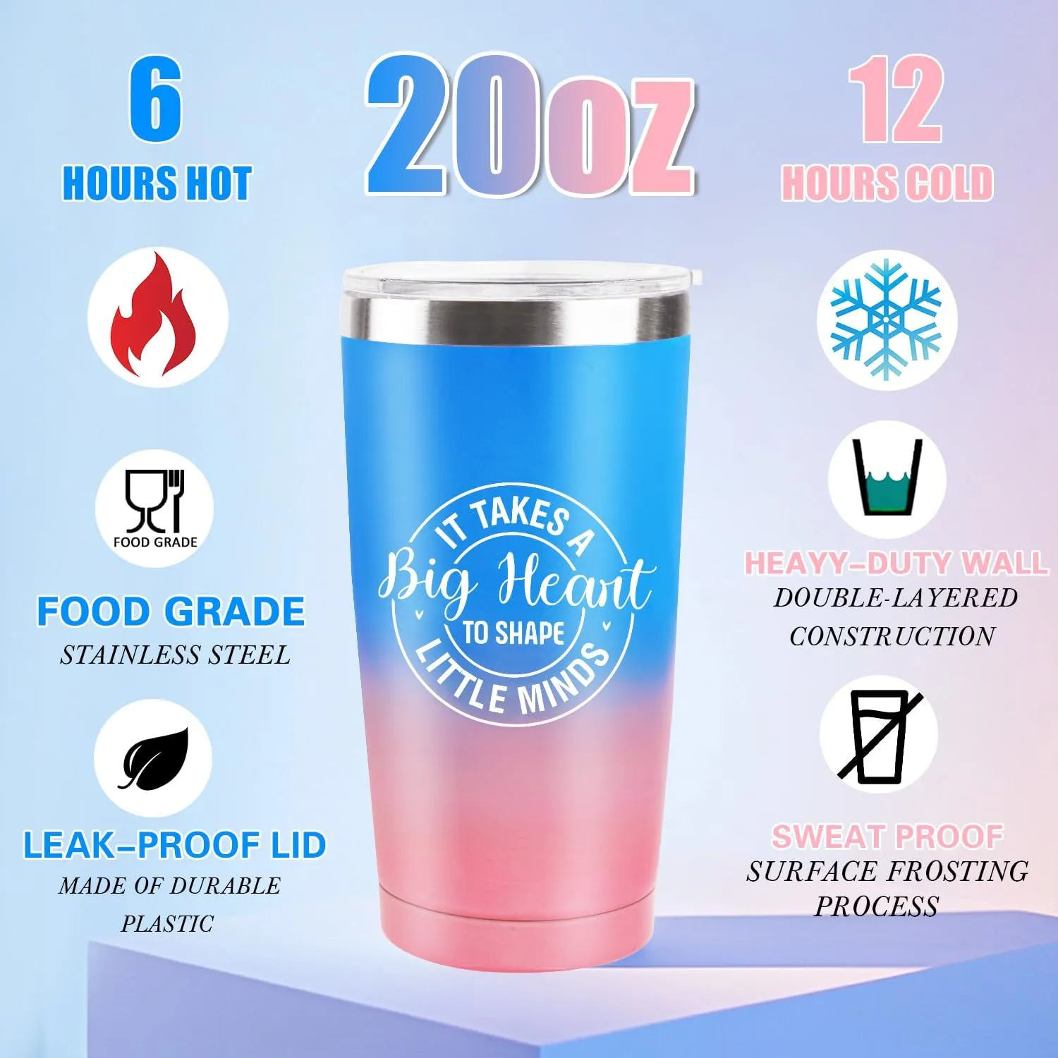 Teacher Appreciation Gifts for Women, 20 Oz Blue Pink Stainless Steel Tumbler Cup, Big Heart Coffee Tumbler Mug with Lid Straw, Best Thank You Teacher Gift Box for Her Educators Back to School Present