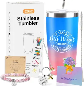 Teacher Appreciation Gifts for Women, 20 Oz Blue Pink Stainless Steel Tumbler Cup, Big Heart Coffee Tumbler Mug with Lid Straw, Best Thank You Teacher Gift Box for Her Educators Back to School Present
