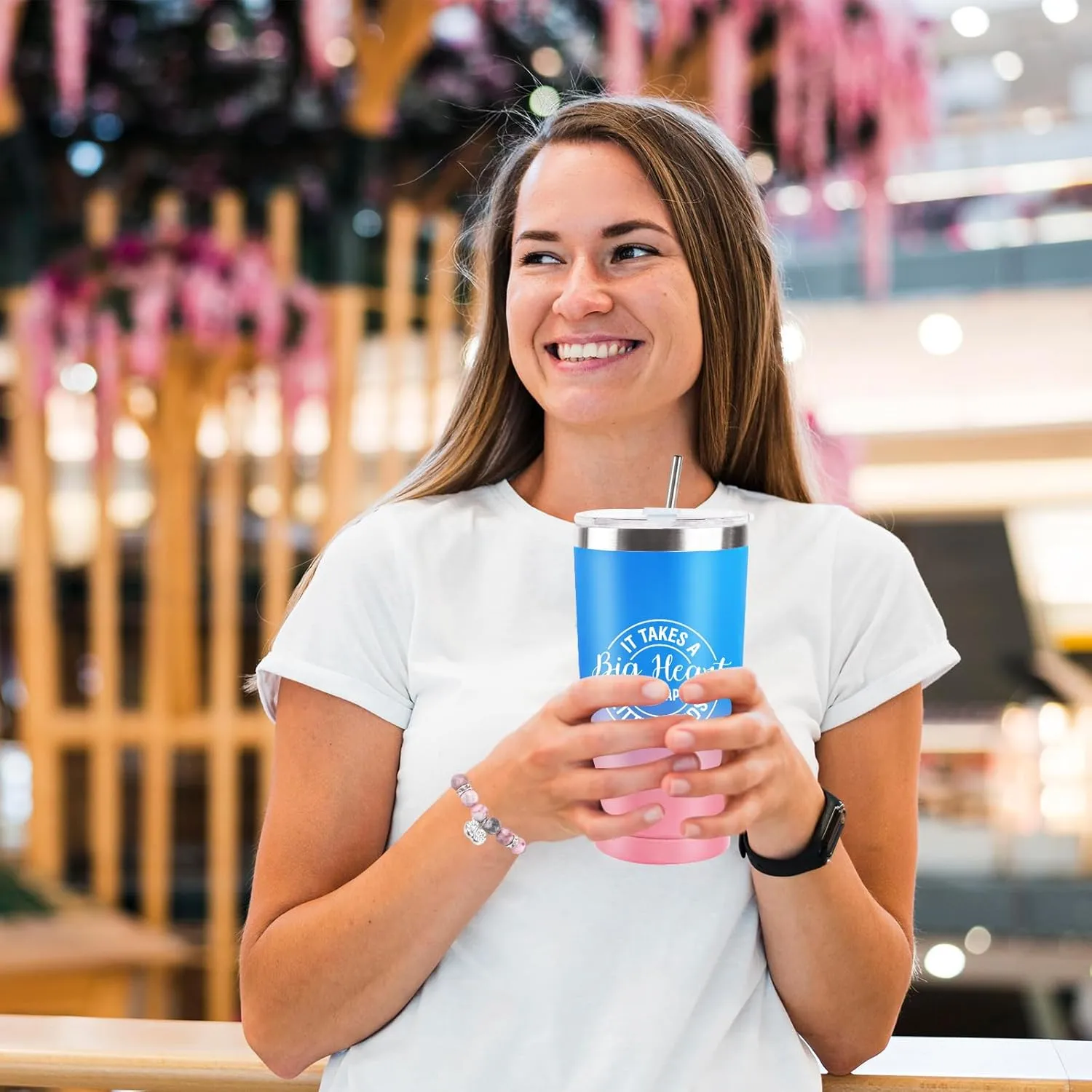 Teacher Appreciation Gifts for Women, 20 Oz Blue Pink Stainless Steel Tumbler Cup, Big Heart Coffee Tumbler Mug with Lid Straw, Best Thank You Teacher Gift Box for Her Educators Back to School Present