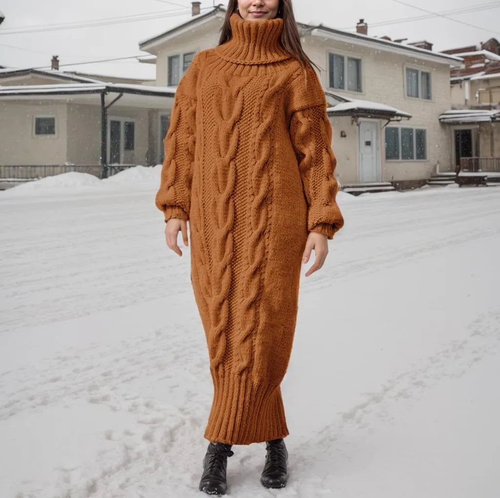 TIAFORD Women's Chunky Cable Knit Long Sweater Dress Winter Casual Elegant Thick Turtleneck Sweaters Dresses Warmth Pullovers