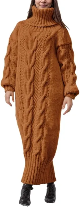 TIAFORD Women's Chunky Cable Knit Long Sweater Dress Winter Casual Elegant Thick Turtleneck Sweaters Dresses Warmth Pullovers