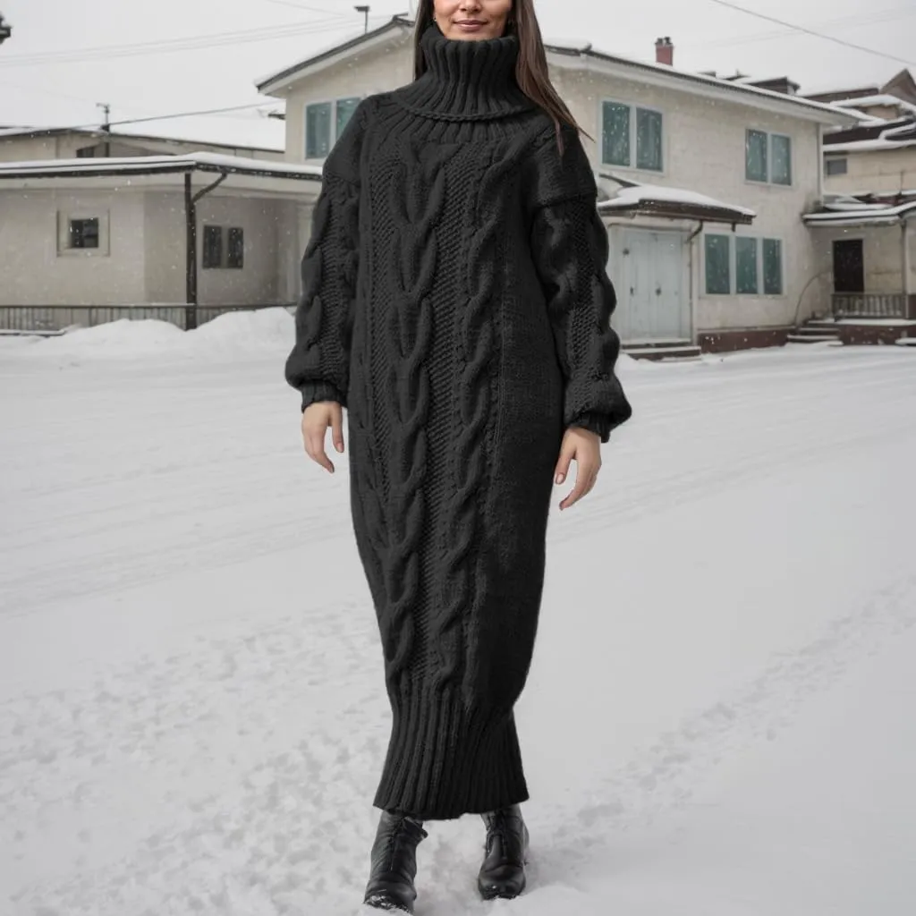 TIAFORD Women's Chunky Cable Knit Long Sweater Dress Winter Casual Elegant Thick Turtleneck Sweaters Dresses Warmth Pullovers