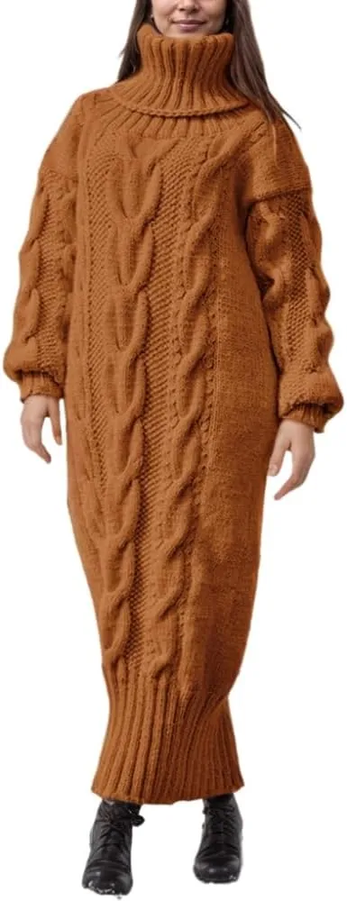 TIAFORD Women's Chunky Cable Knit Long Sweater Dress Winter Casual Elegant Thick Turtleneck Sweaters Dresses Warmth Pullovers