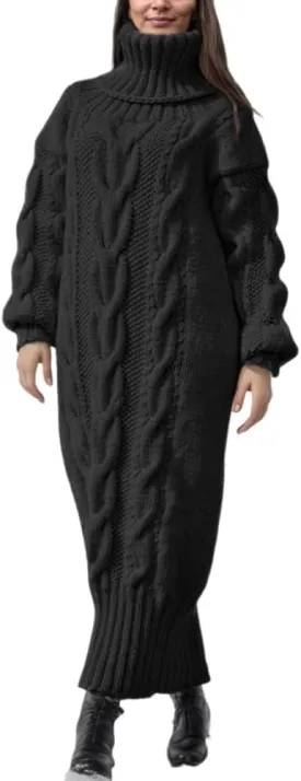 TIAFORD Women's Chunky Cable Knit Long Sweater Dress Winter Casual Elegant Thick Turtleneck Sweaters Dresses Warmth Pullovers