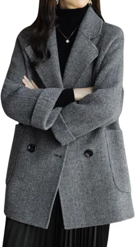 utcoco Women Double Breasted Wool Coats Notched Lapel Pea Coat Open Front Trench Overcoat with Pockets