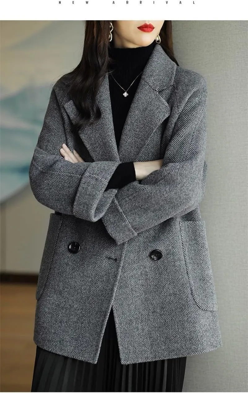 utcoco Women Double Breasted Wool Coats Notched Lapel Pea Coat Open Front Trench Overcoat with Pockets
