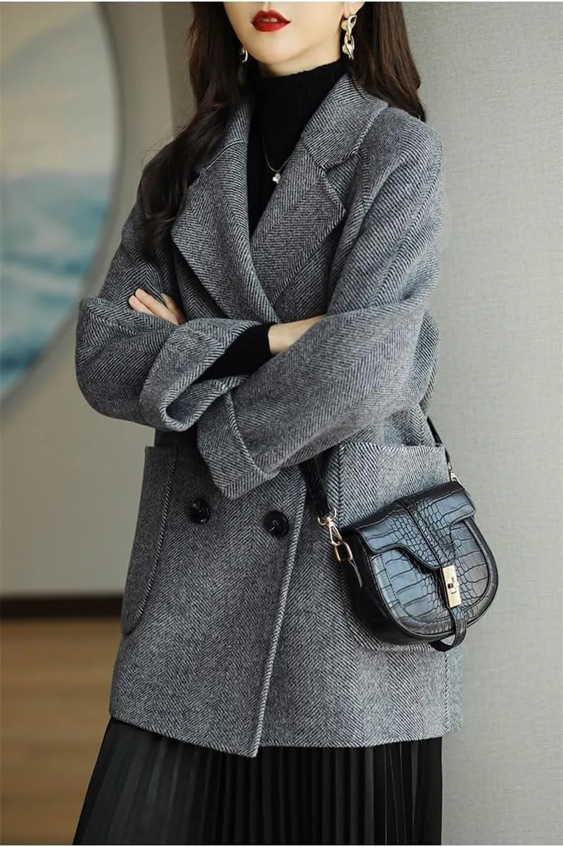 utcoco Women Double Breasted Wool Coats Notched Lapel Pea Coat Open Front Trench Overcoat with Pockets