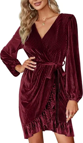 Wenrine Women's Velvet Wrap Mini Dresses Casual V Neck Long Sleeve Ruffle Club Dress
