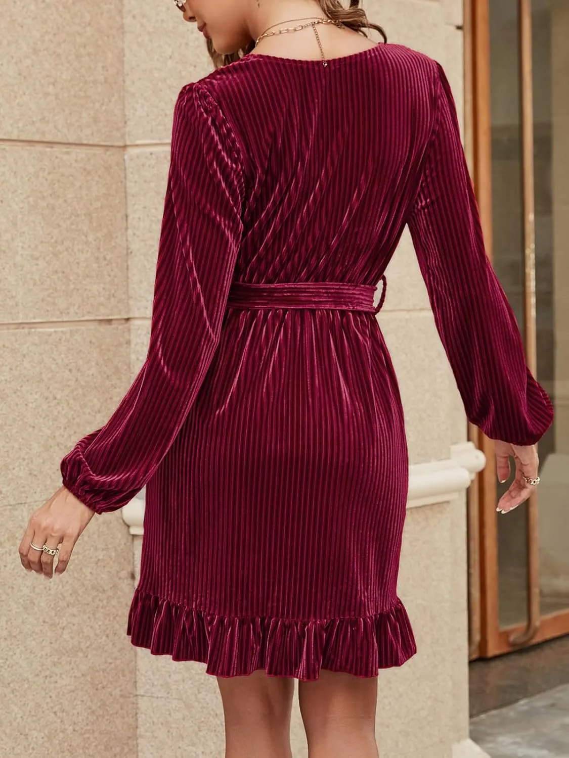 Wenrine Women's Velvet Wrap Mini Dresses Casual V Neck Long Sleeve Ruffle Club Dress