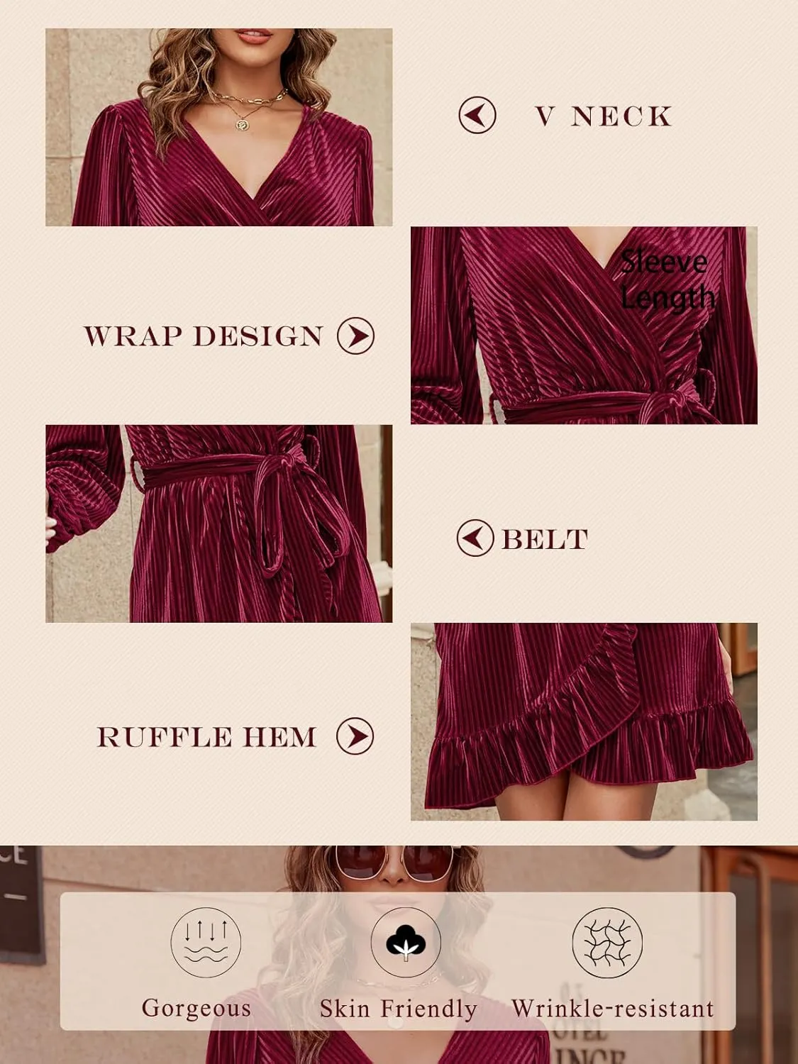 Wenrine Women's Velvet Wrap Mini Dresses Casual V Neck Long Sleeve Ruffle Club Dress