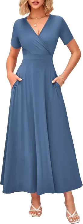 WNEEDU Women's Summer Maxi Dress Short Sleeves Wrap V Neck Long Dresses with Pockets
