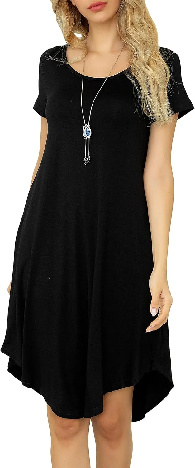Women Casual Loose Soft Crewneck Short Sleeve Pockets Swing T-Shirt Dress