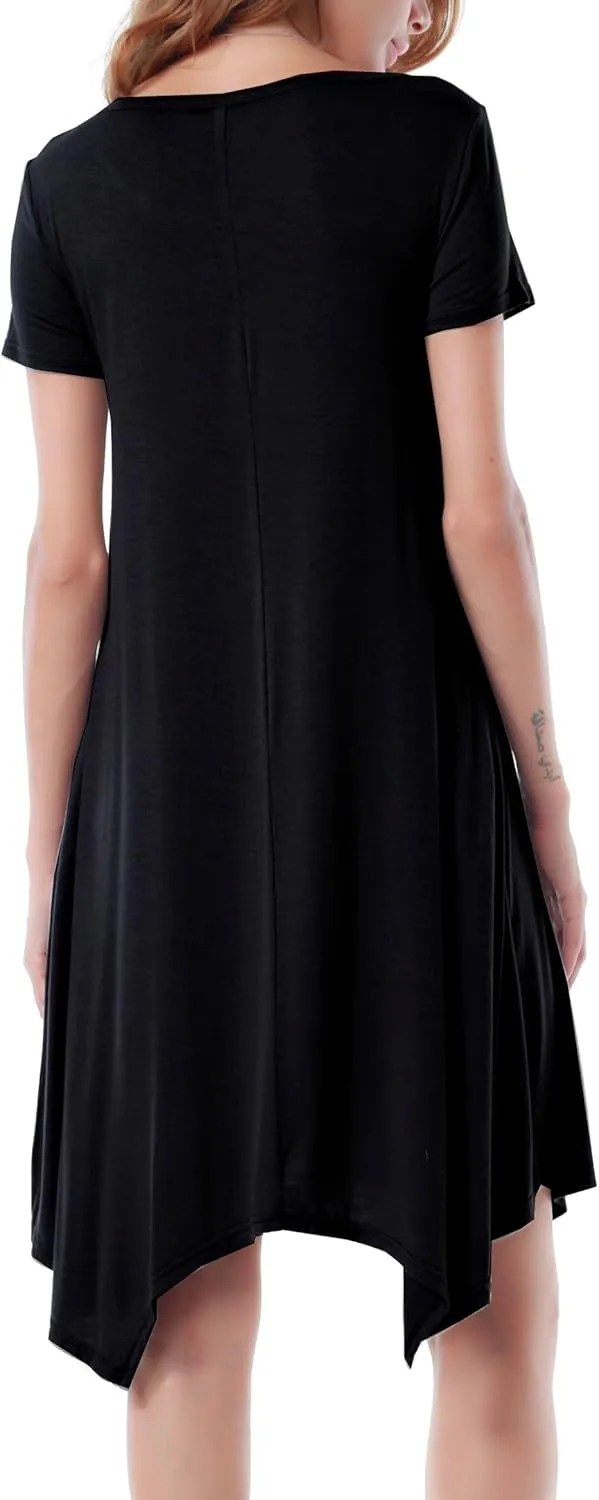 Women Casual Loose Soft Crewneck Short Sleeve Pockets Swing T-Shirt Dress