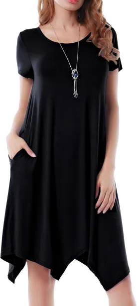 Women Casual Loose Soft Crewneck Short Sleeve Pockets Swing T-Shirt Dress