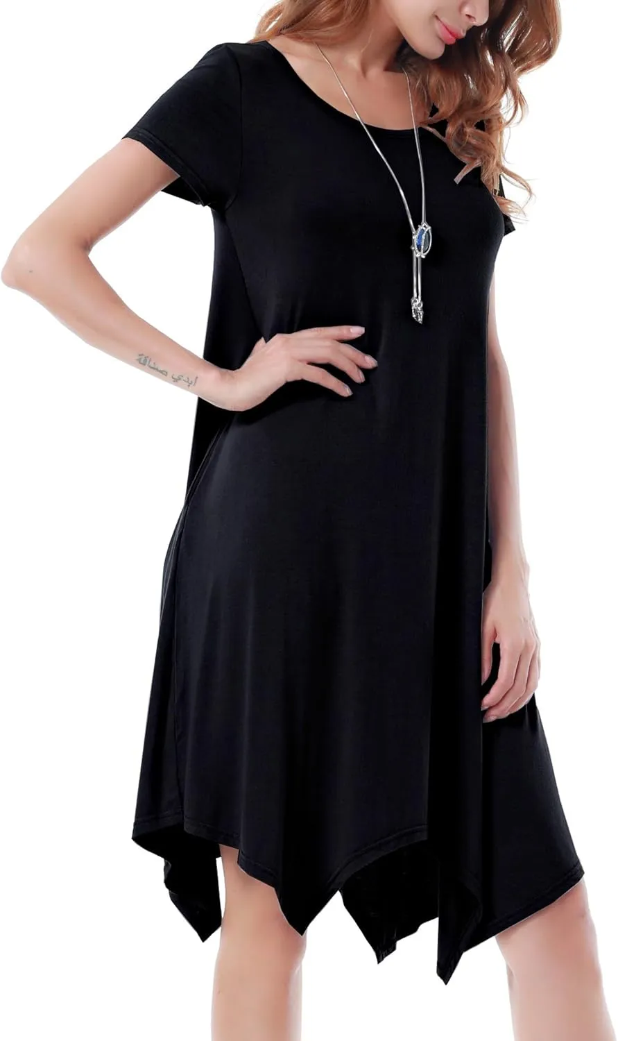 Women Casual Loose Soft Crewneck Short Sleeve Pockets Swing T-Shirt Dress