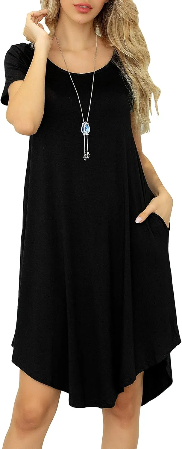 Women Casual Loose Soft Crewneck Short Sleeve Pockets Swing T-Shirt Dress