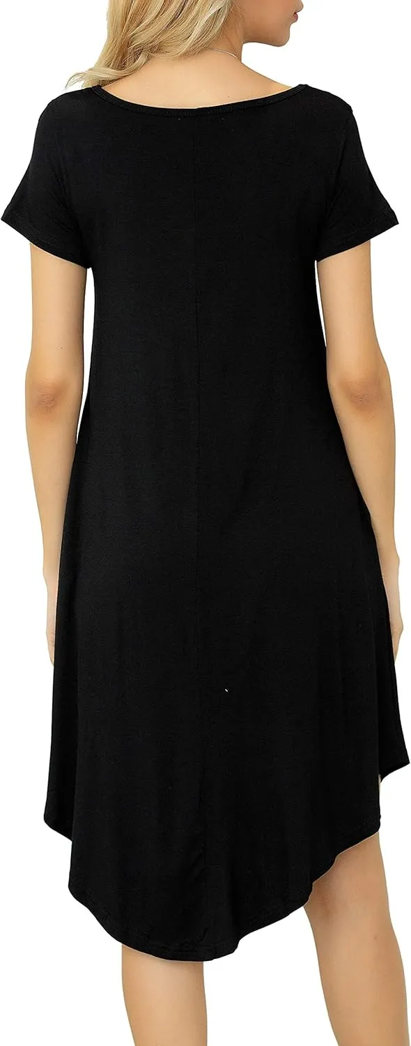 Women Casual Loose Soft Crewneck Short Sleeve Pockets Swing T-Shirt Dress