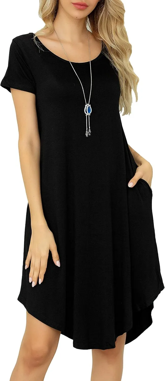 Women Casual Loose Soft Crewneck Short Sleeve Pockets Swing T-Shirt Dress