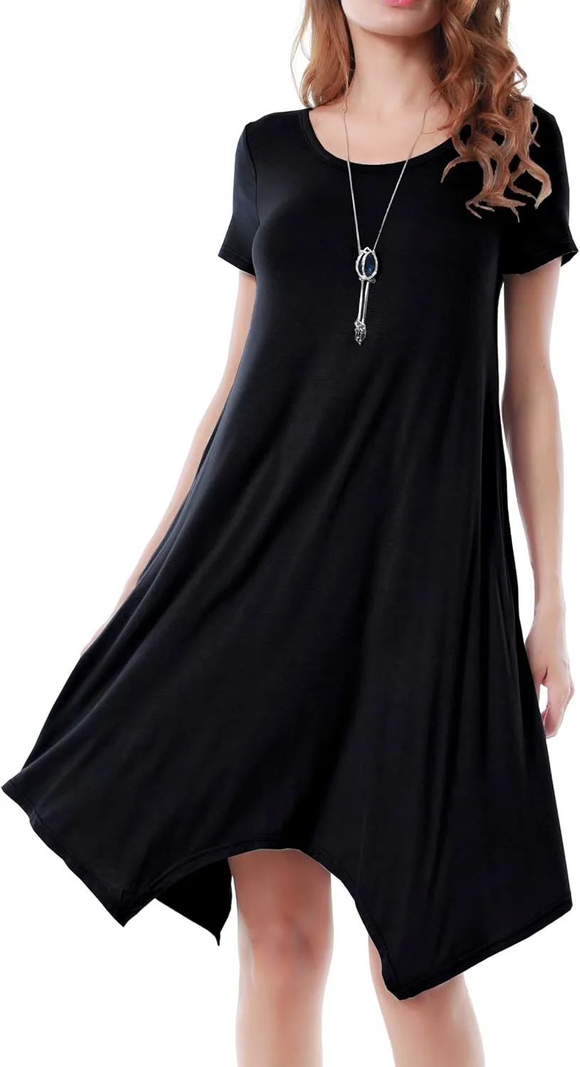 Women Casual Loose Soft Crewneck Short Sleeve Pockets Swing T-Shirt Dress