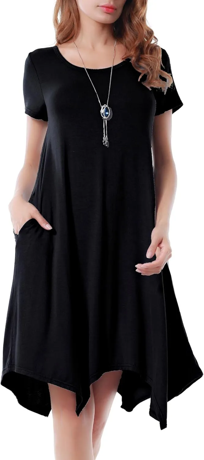 Women Casual Loose Soft Crewneck Short Sleeve Pockets Swing T-Shirt Dress