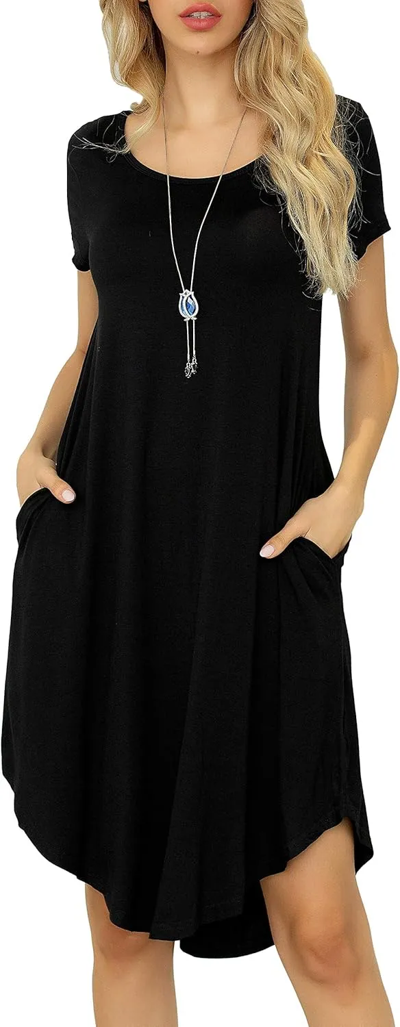 Women Casual Loose Soft Crewneck Short Sleeve Pockets Swing T-Shirt Dress