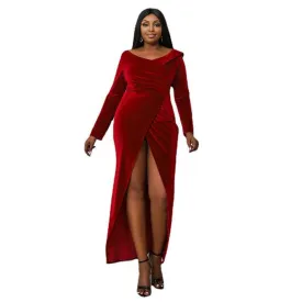 Women Plus Size Red Velvet Prom Long Sleeves Maxi Evening Dress