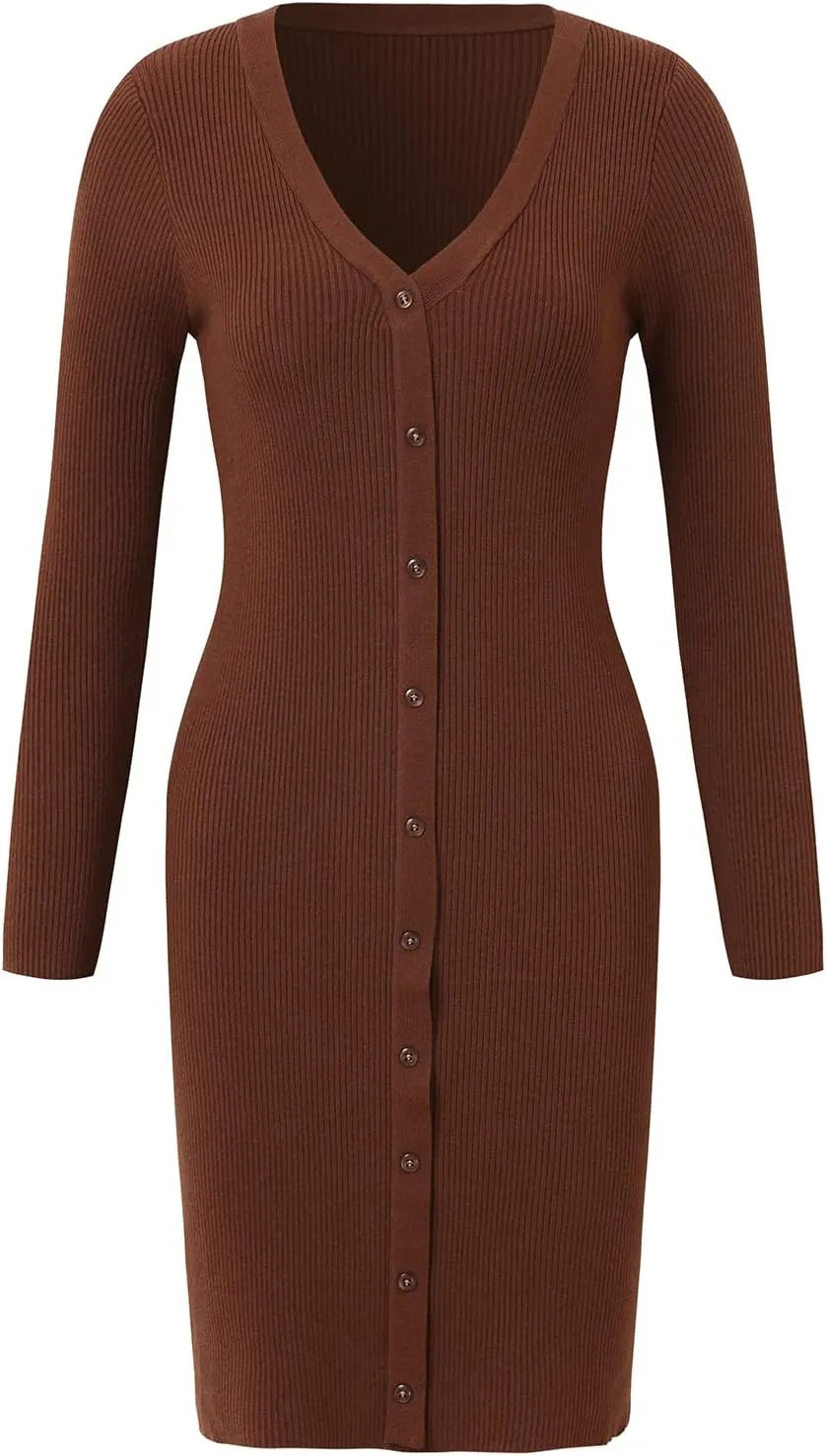 Women V-Neck Long Sleeve Slim Fall Sweater Knitted Midi Dress