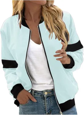Women's Bomber Jacket Fall Lightweight Coat Color Block Zip Up Outerwear Casual Windbreaker with Pockets